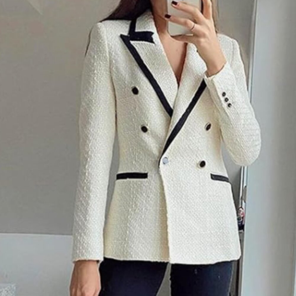 zara Tweed Blazer for Women Plaid Office Coat Chic Double Breasted Jacket